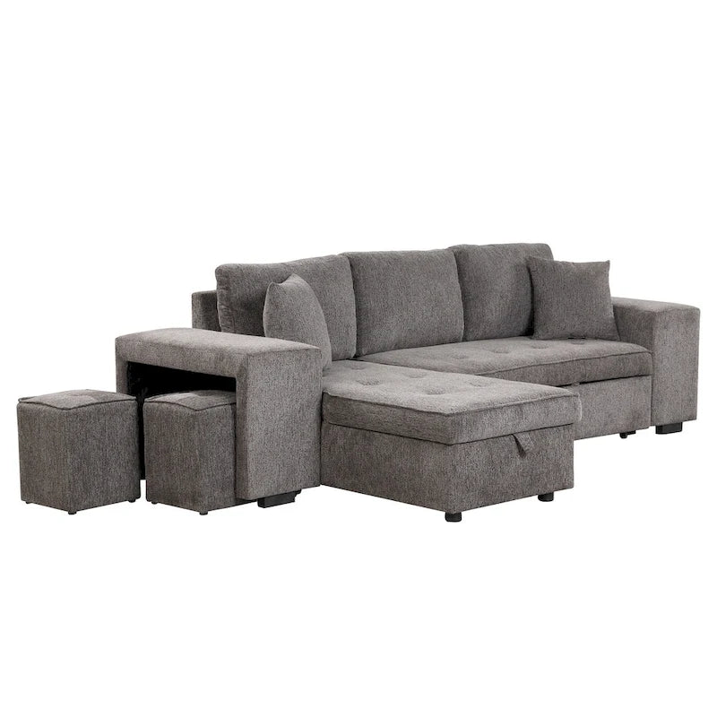 104.5 Charcoal L-Shaped 3 Seater Convertible Sofa with Pull-Out Bed, Storage Chaise and 2 Stools for Living Room