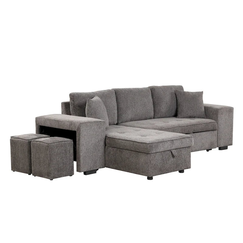 104.5 Charcoal L-Shaped 3 Seater Convertible Sofa with Pull-Out Bed, Storage Chaise and 2 Stools for Living Room