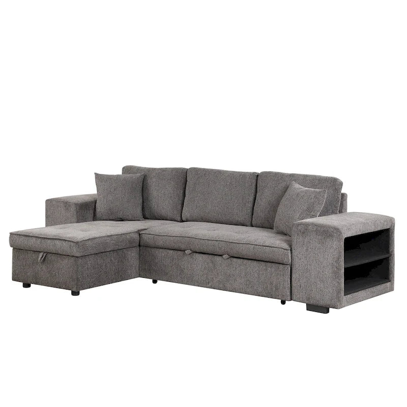 104.5 Charcoal L-Shaped 3 Seater Convertible Sofa with Pull-Out Bed, Storage Chaise and 2 Stools for Living Room