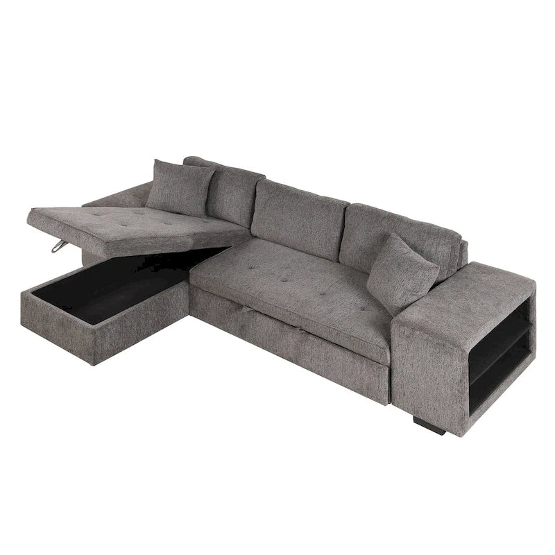 104.5 Charcoal L-Shaped 3 Seater Convertible Sofa with Pull-Out Bed, Storage Chaise and 2 Stools for Living Room
