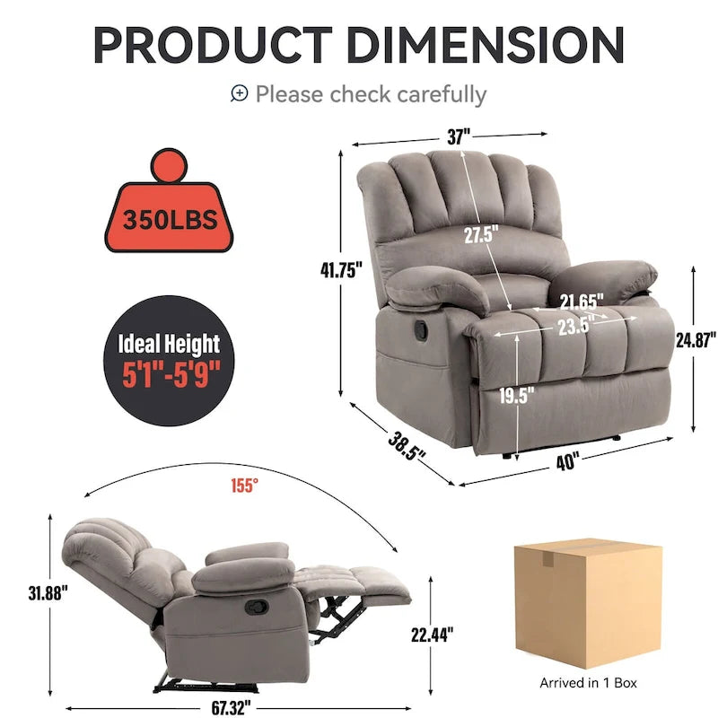 Brown Oversized Manual Recliner featuring 155 Recline, Easy Assembly, and Generous Design for Your Living Room