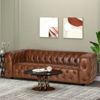 Faux Leather Button Tufted 3-seater Sofa with Wood Legs