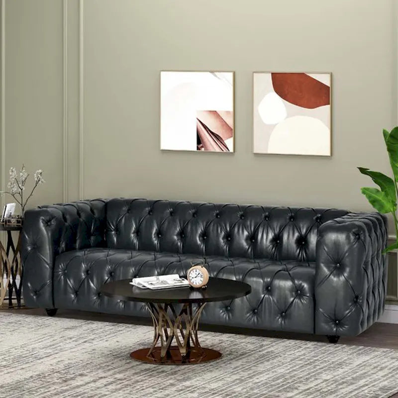 Faux Leather Button Tufted 3-seater Sofa with Wood Legs