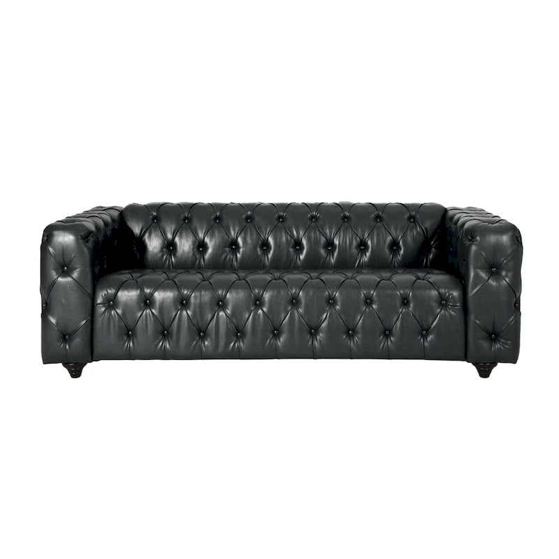 Faux Leather Button Tufted 3-seater Sofa with Wood Legs