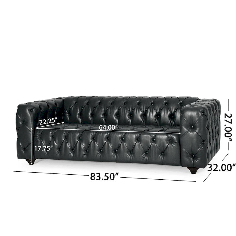 Faux Leather Button Tufted 3-seater Sofa with Wood Legs