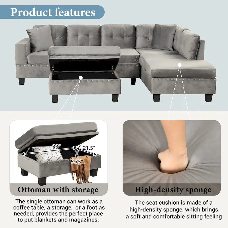 105 L-Shaped 7-Seater Modern Sofa with Storage Ottoman