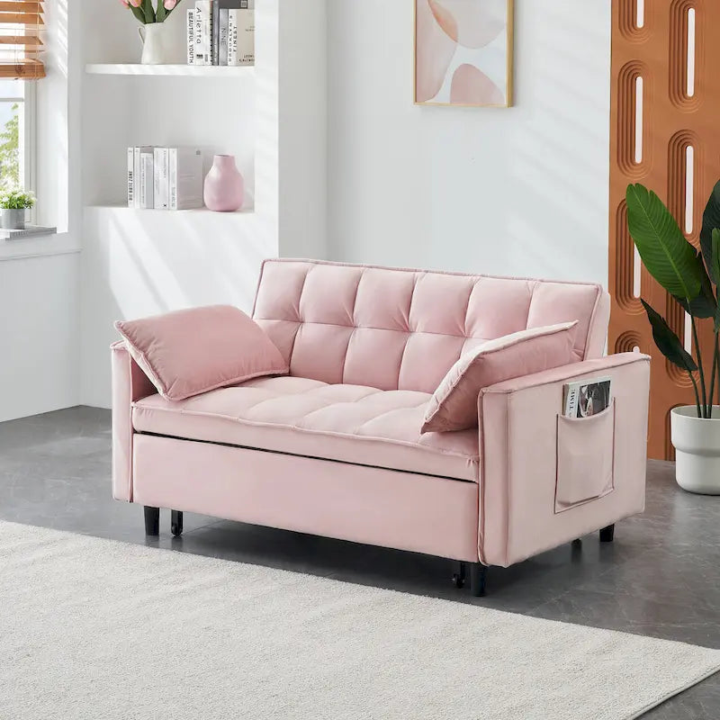 Pink Modern 55 3 in 1 Velvet Loveseat Convertible Sofa Bed with Backrest and Pillows for Living Room