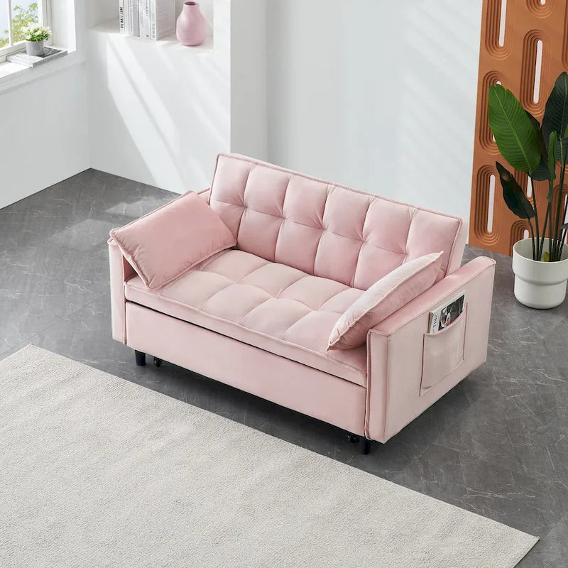 Pink Modern 55 3 in 1 Velvet Loveseat Convertible Sofa Bed with Backrest and Pillows for Living Room