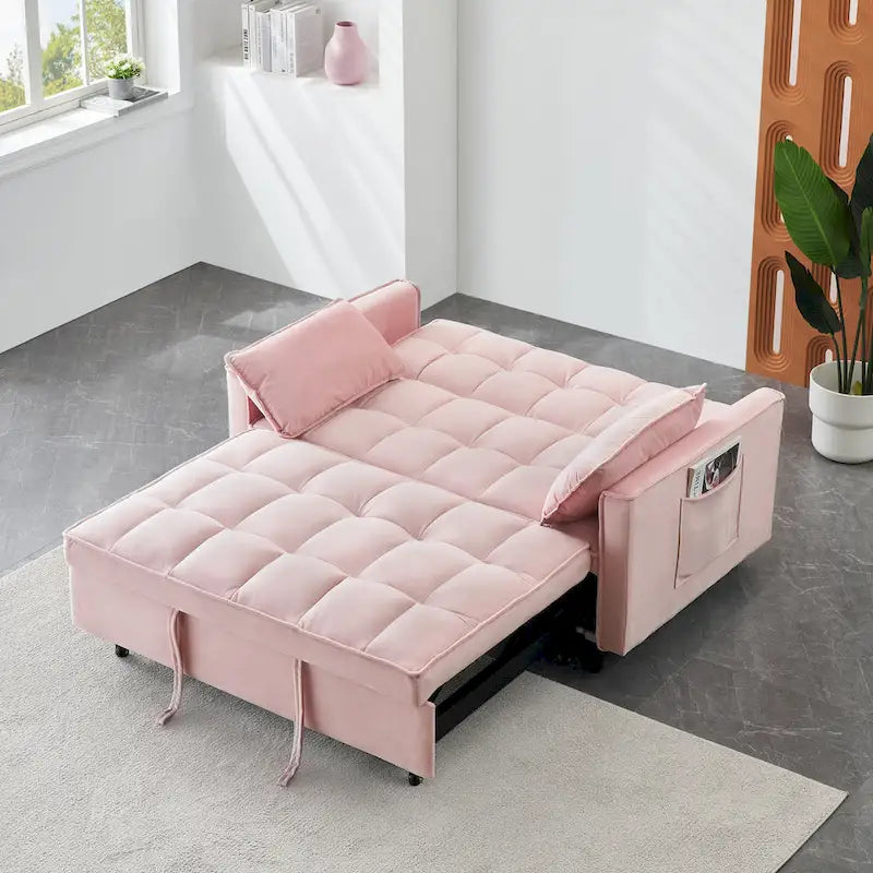 Pink Modern 55 3 in 1 Velvet Loveseat Convertible Sofa Bed with Backrest and Pillows for Living Room