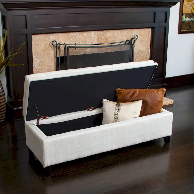 Tufted Linen Storage Bench