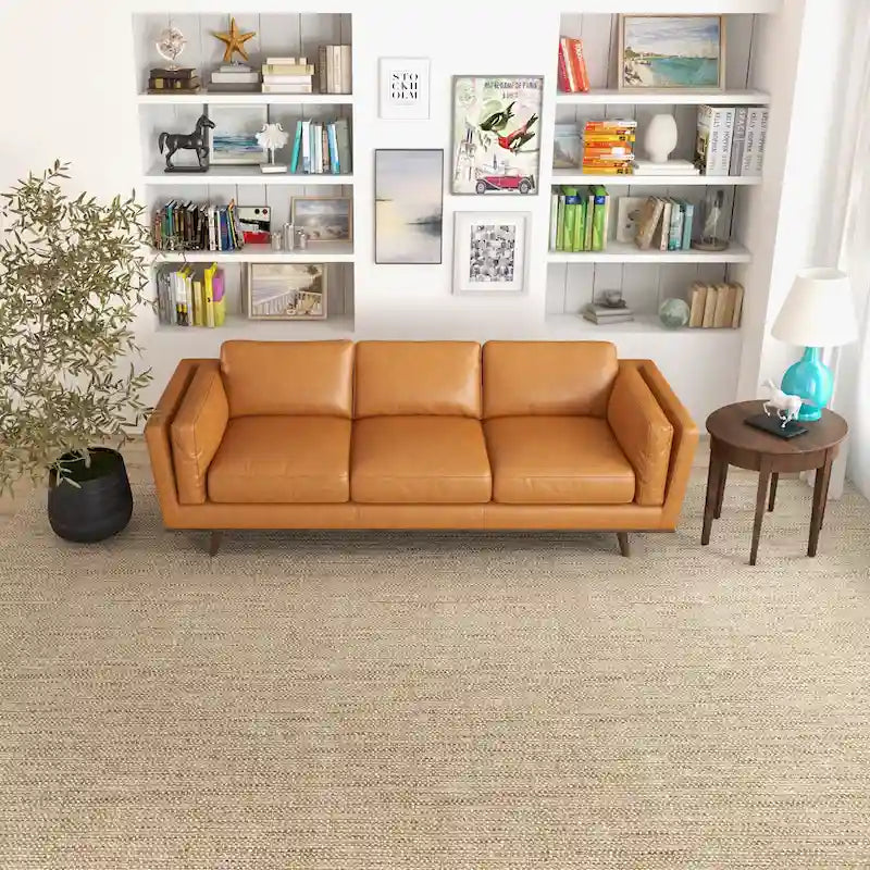Florencia Mid Century Modern Furniture Style Living Room Leather Sofa in Tan