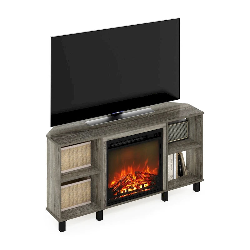 Furinno Jensen Metal Leg Corner Fireplce TV Stand for TV up to 55