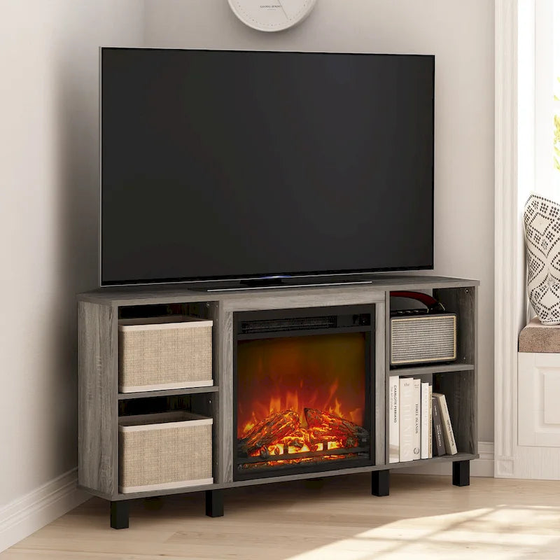 Furinno Jensen Metal Leg Corner Fireplce TV Stand for TV up to 55