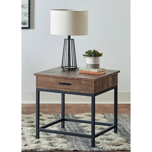 1 Drawer Wood End Table in Brown Oak and Sandy Black