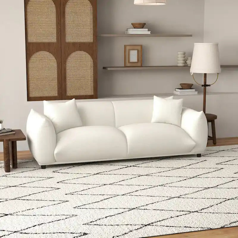 Mansan Mid Century Modern Luxury Tight Pillow Back French Boucle Couch in Cream