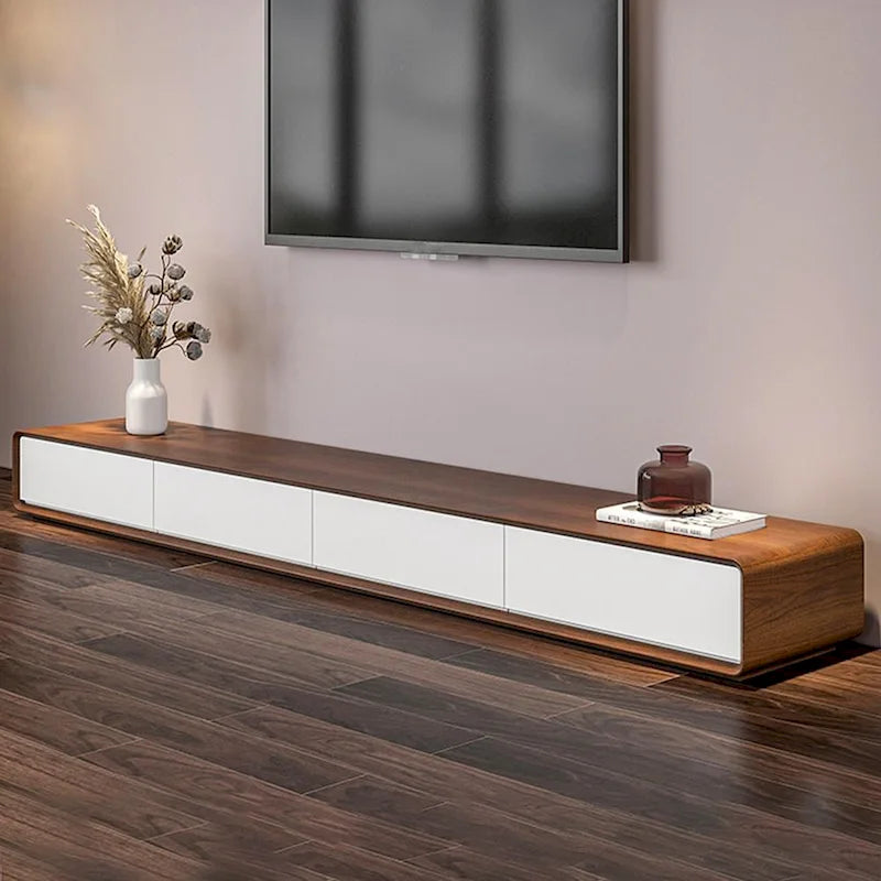 Modern Rectangular TV Stand with 4 Drawers, Wood Veneer Media Console, Walnut White, Soild Wooden, Fully-Assembled