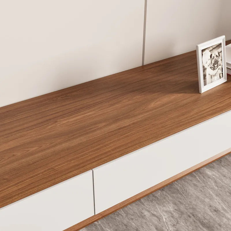 Modern Rectangular TV Stand with 4 Drawers, Wood Veneer Media Console, Walnut White, Soild Wooden, Fully-Assembled