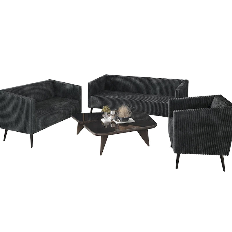 Corduroy Modern and Glamorous Velvet Upholstered 3-Piece Living Room Set