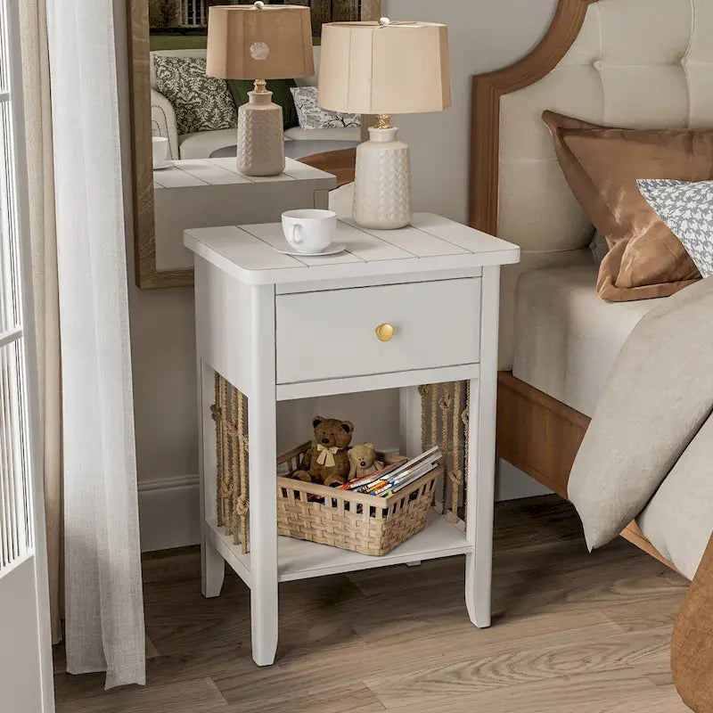Distressed White End Table with Drawer - 14D x 18W x 26.4H