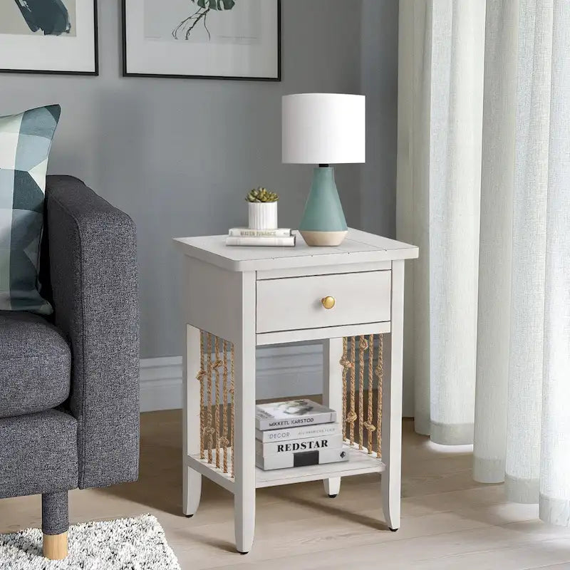 Distressed White End Table with Drawer - 14D x 18W x 26.4H
