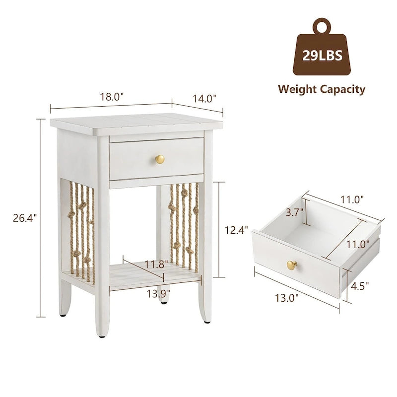 Distressed White End Table with Drawer - 14D x 18W x 26.4H