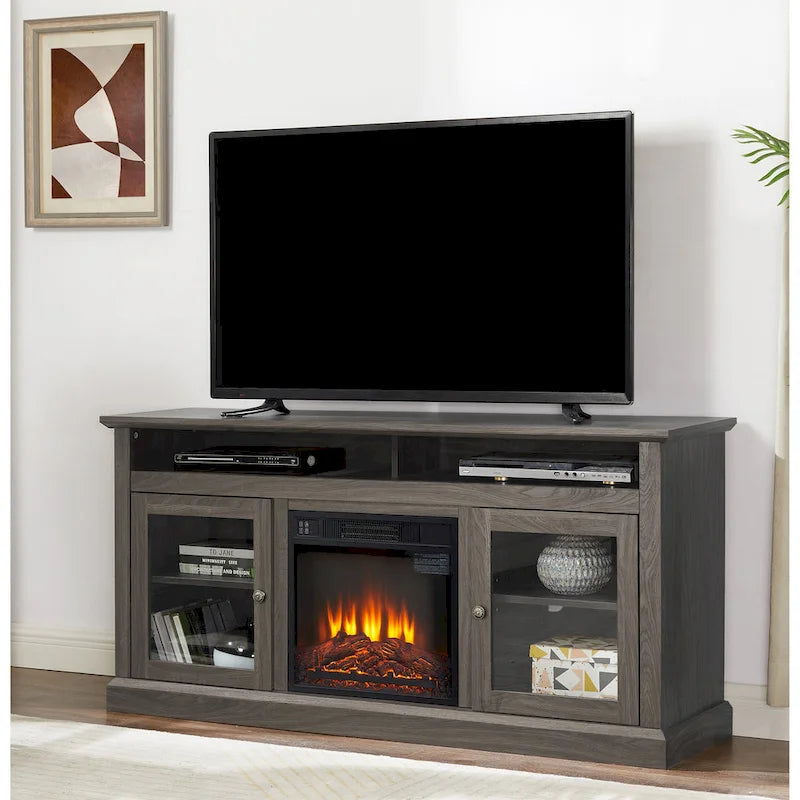 Contemporary TV Media Stand Modern Entertainment Console with 18 Fireplace Insert for TV Up to 65 with Open and Closed Storage