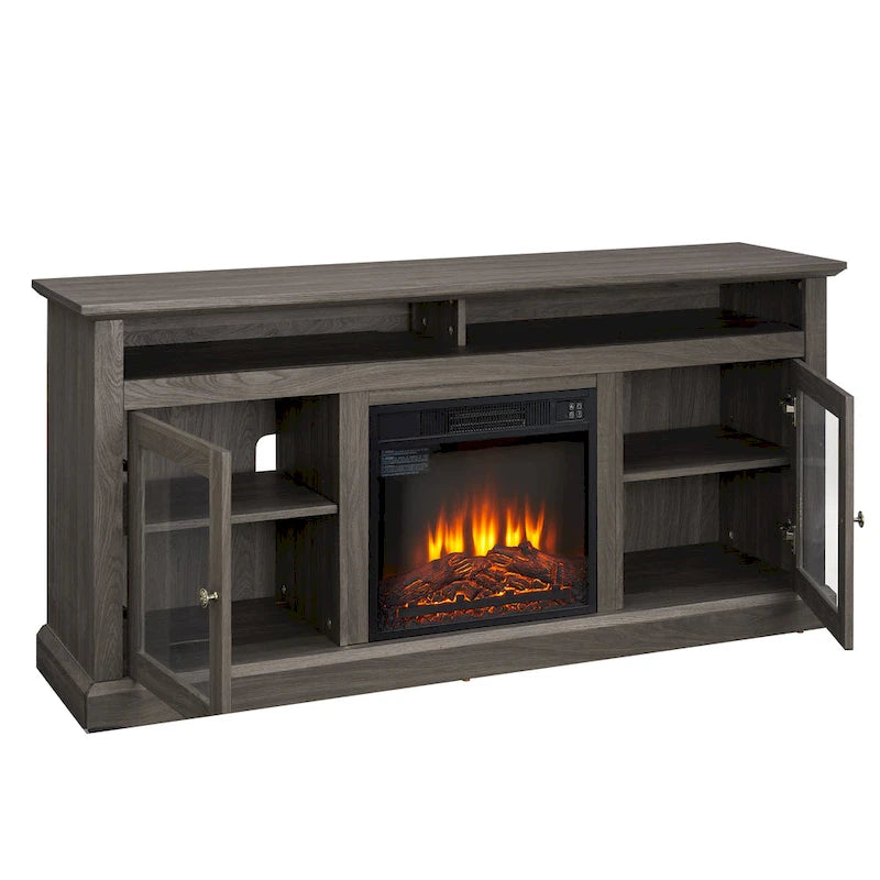 Contemporary TV Media Stand Modern Entertainment Console with 18 Fireplace Insert for TV Up to 65 with Open and Closed Storage