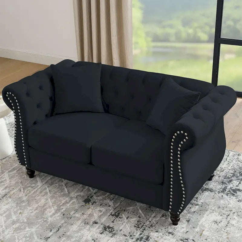 58.8 Chesterfield Sofa Black Velvet for Living Room, 2 Seater Sofa Tufted Couch with Rolled Arms and Nailhead for Living Room,
