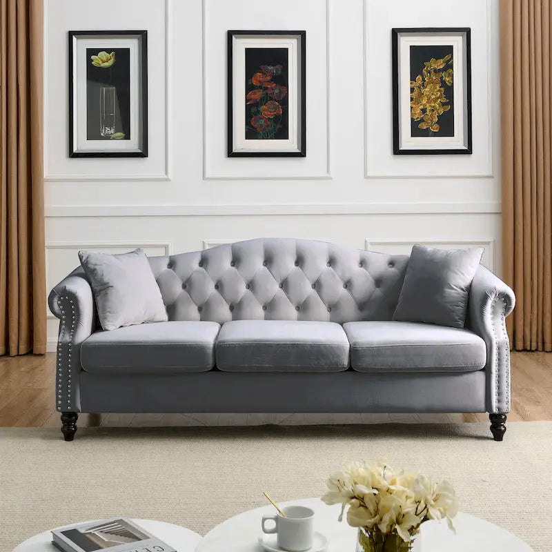 [Video] 79 Chesterfield Sofa Grey Velvet for Living Room, 3 Seater Sofa Tufted Couch with Rolled Arms and Nailhead for Living R