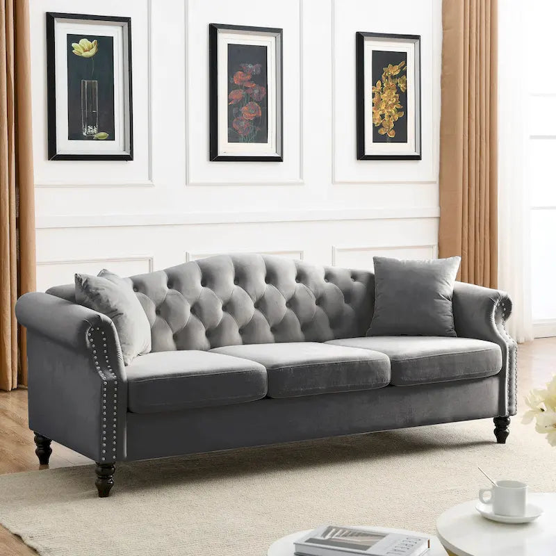 [Video] 79 Chesterfield Sofa Grey Velvet for Living Room, 3 Seater Sofa Tufted Couch with Rolled Arms and Nailhead for Living R