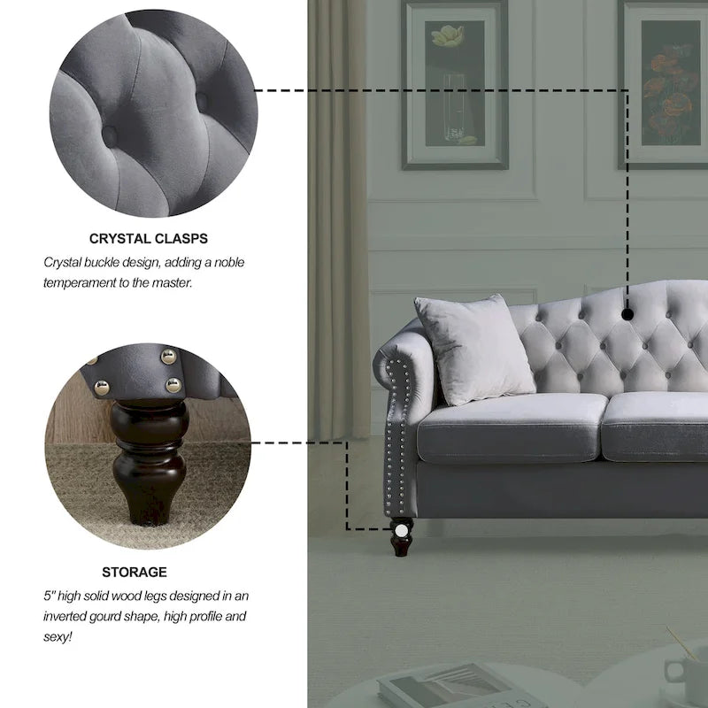 [Video] 79 Chesterfield Sofa Grey Velvet for Living Room, 3 Seater Sofa Tufted Couch with Rolled Arms and Nailhead for Living R