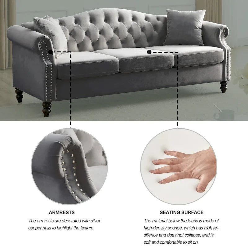 [Video] 79 Chesterfield Sofa Grey Velvet for Living Room, 3 Seater Sofa Tufted Couch with Rolled Arms and Nailhead for Living R