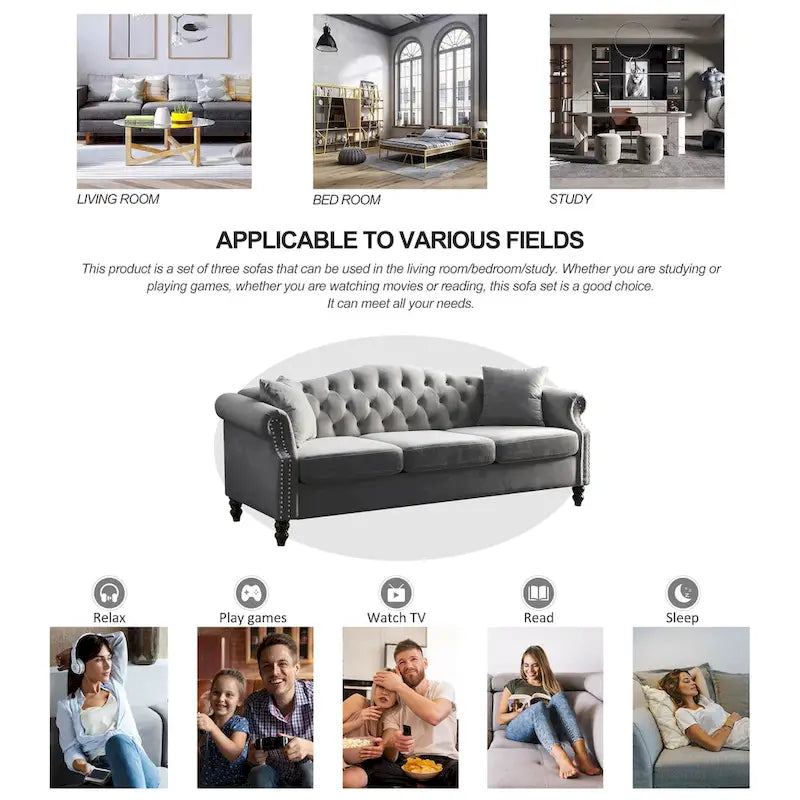 [Video] 79 Chesterfield Sofa Grey Velvet for Living Room, 3 Seater Sofa Tufted Couch with Rolled Arms and Nailhead for Living R