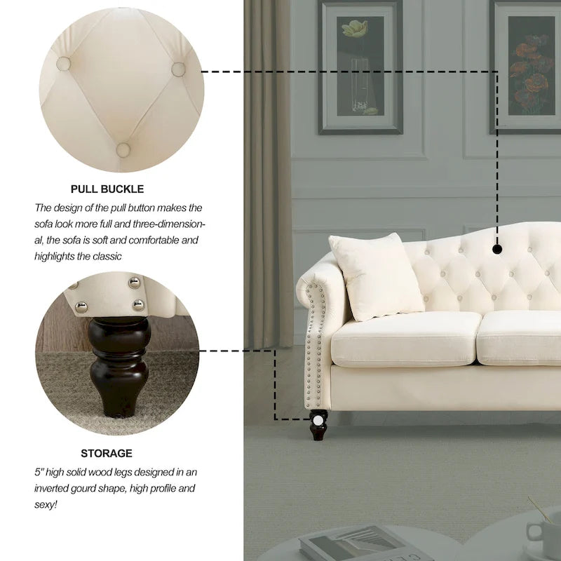 [Video] 79 Chesterfield Sofa Grey Velvet for Living Room, 3 Seater Sofa Tufted Couch with Rolled Arms and Nailhead for Living R