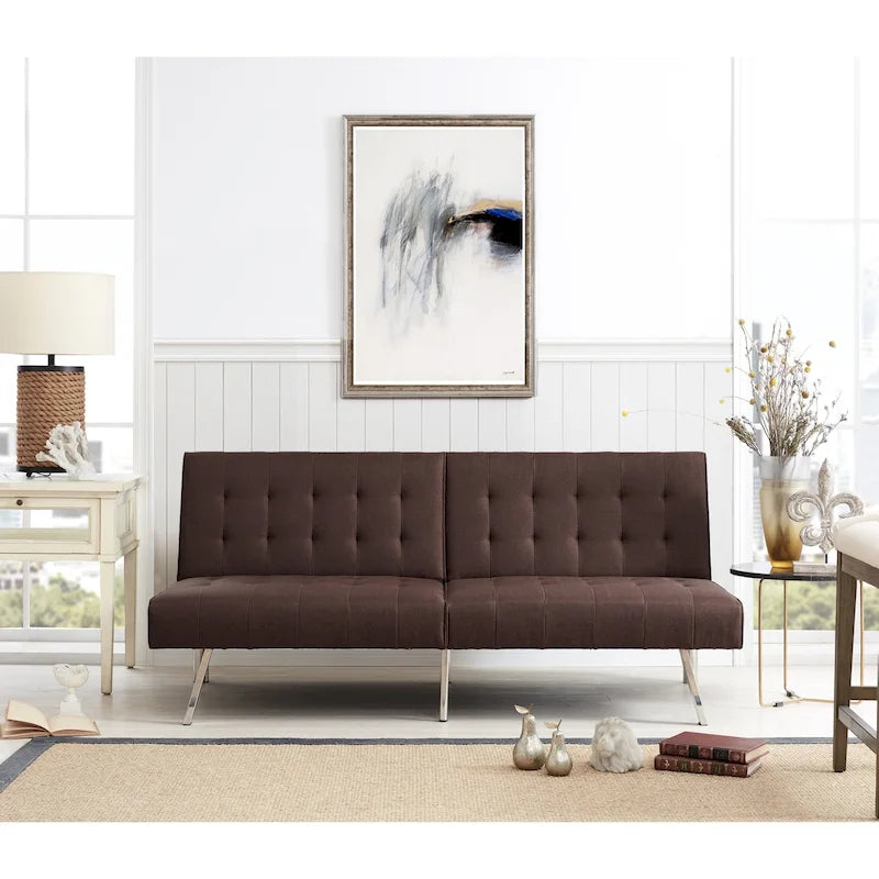 Tufted Mid-Century Modern Split Back Futon Sofa Couch Bed with Chrome Legs