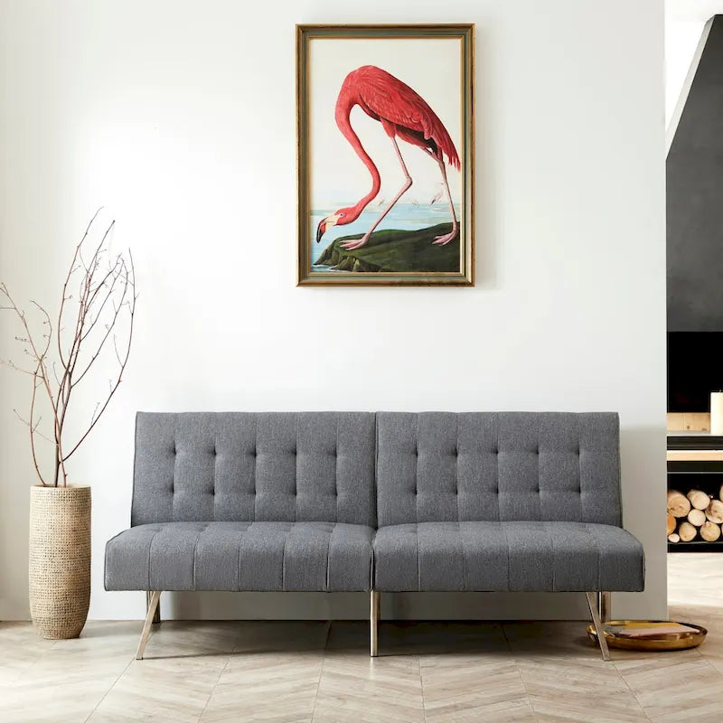 Tufted Mid-Century Modern Split Back Futon Sofa Couch Bed with Chrome Legs