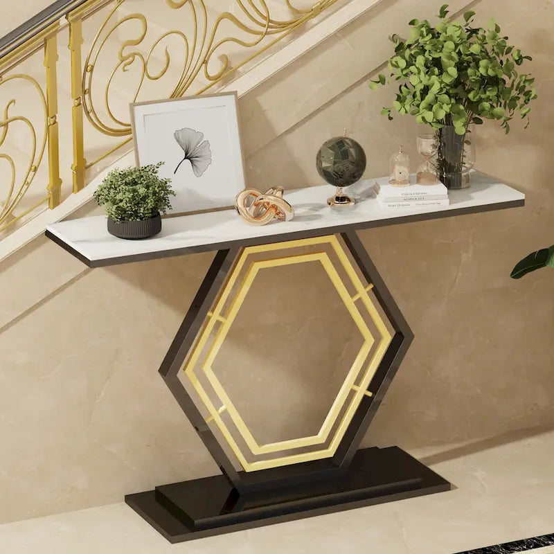 Sintered Stone Console Table with Geometric Base Sofa Table - 47.2x11.8x30.7 inch