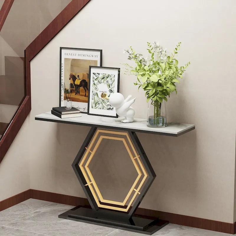 Sintered Stone Console Table with Geometric Base Sofa Table - 47.2x11.8x30.7 inch