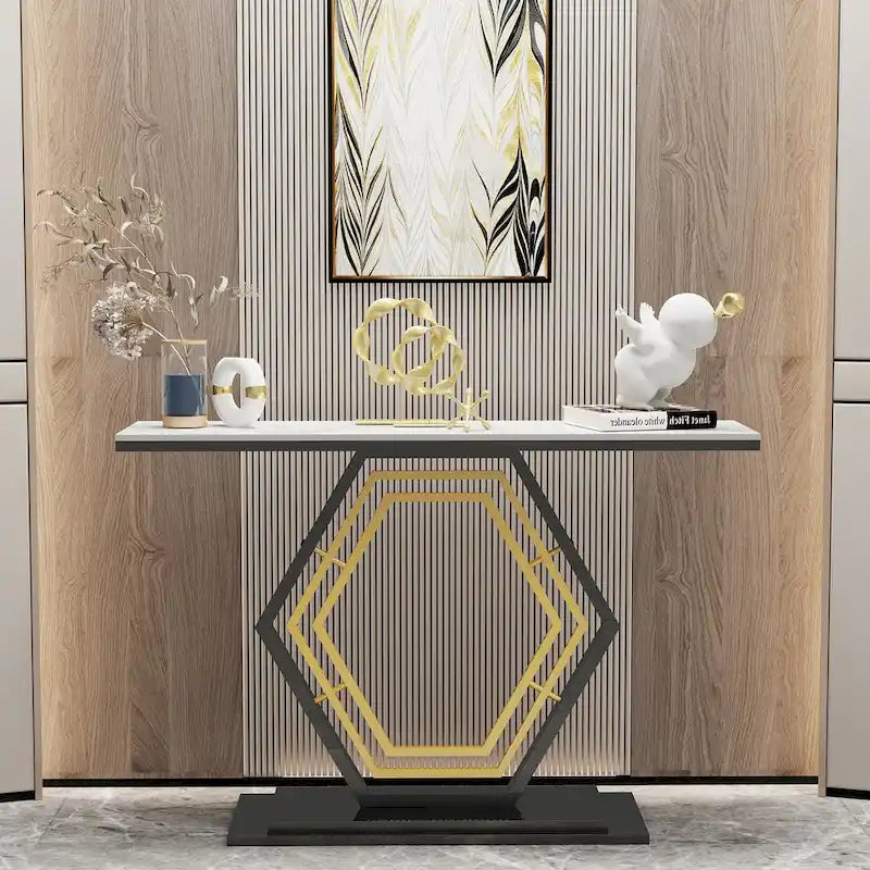 Sintered Stone Console Table with Geometric Base Sofa Table - 47.2x11.8x30.7 inch