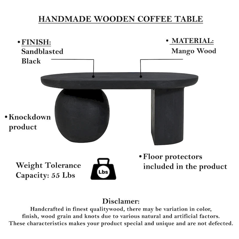 38 Inch Coffee Table, Oblong Mango Wood Top with a Modern Ball Leg