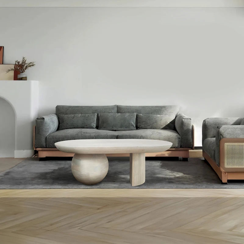 38 Inch Coffee Table, Oblong Mango Wood Top with a Modern Ball Leg