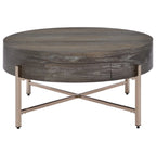 1 Drawer Round Modern Coffee Table with Crossed Metal Legs, Brown and Gold - 16 H x 32 W x 32 L Inches