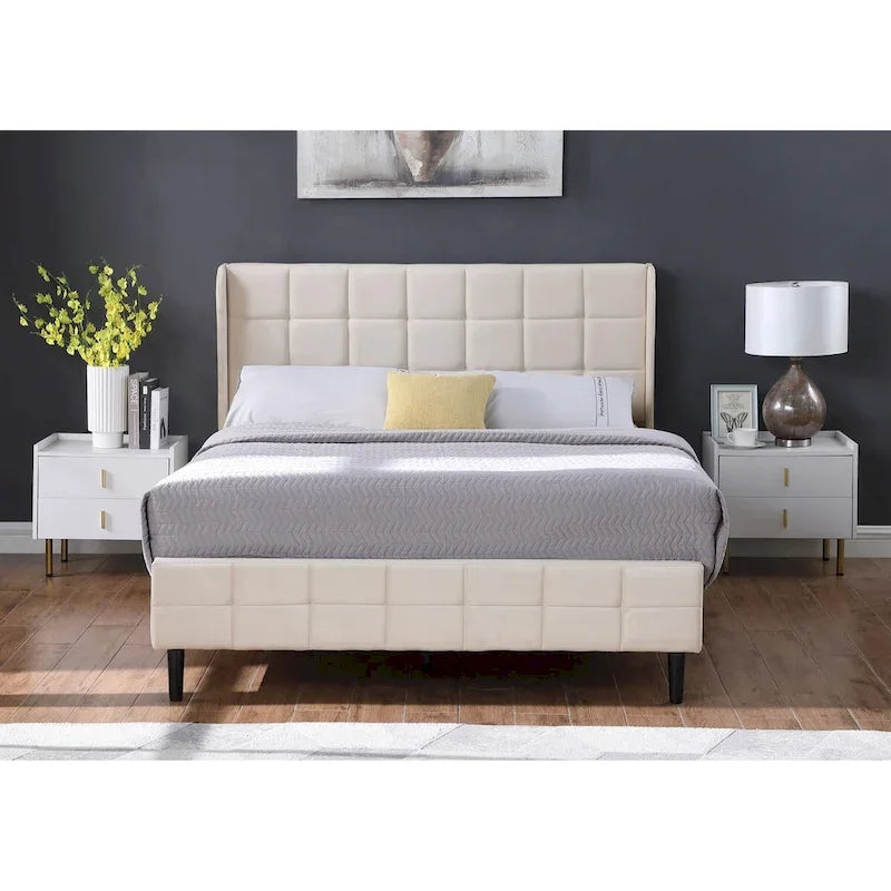 Velvet Upholstered Wingback Platform Bed Frame with Headboard and Footboard