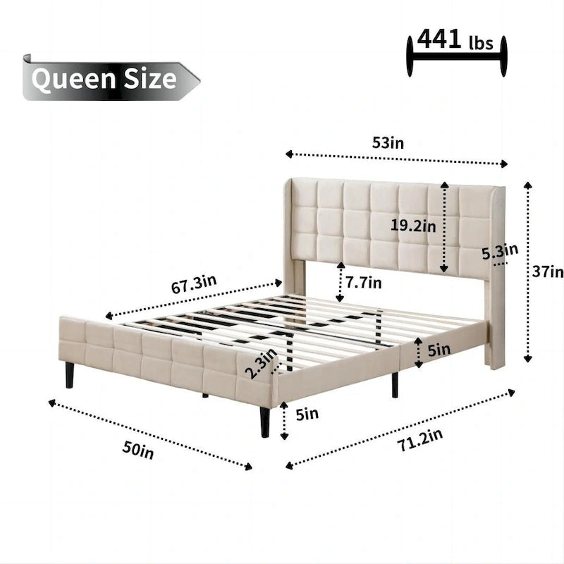 Velvet Upholstered Wingback Platform Bed Frame with Headboard and Footboard