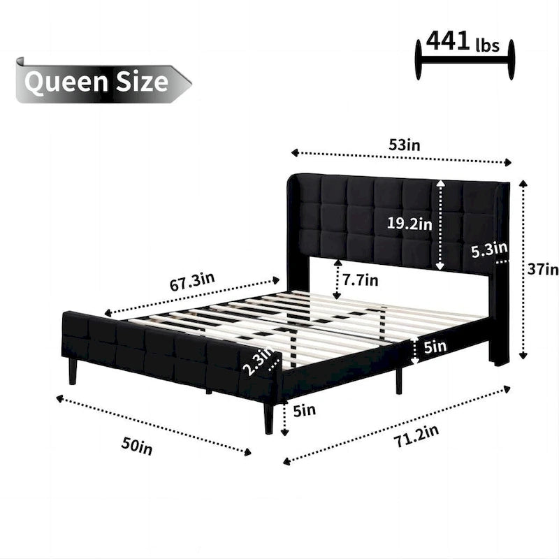 Velvet Upholstered Wingback Platform Bed Frame with Headboard and Footboard
