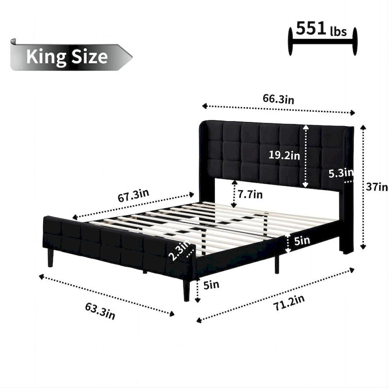 Velvet Upholstered Wingback Platform Bed Frame with Headboard and Footboard