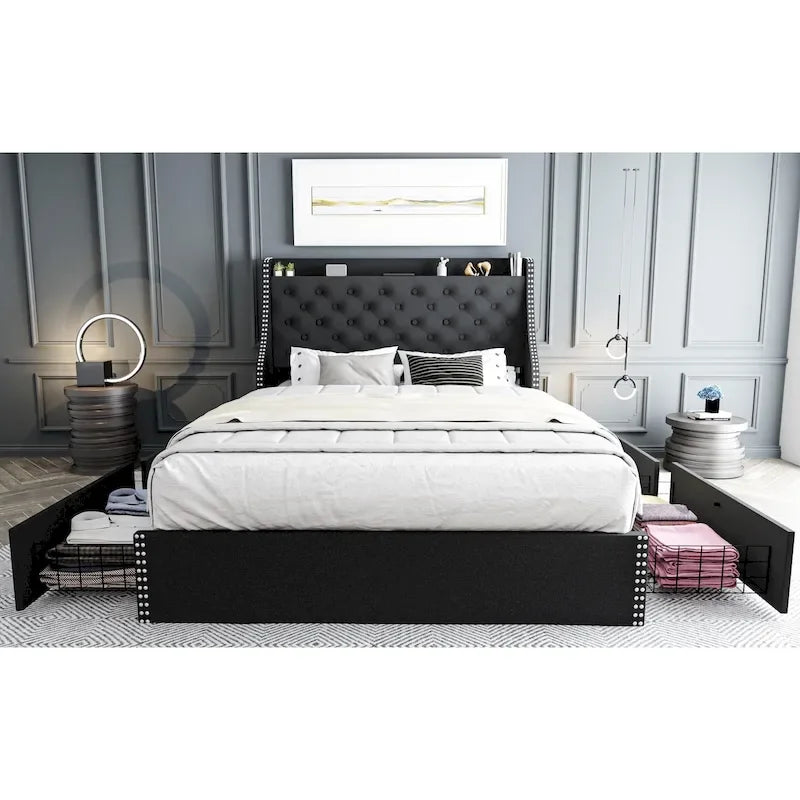 Bed Frame with 4 Storage Drawers and Headboard