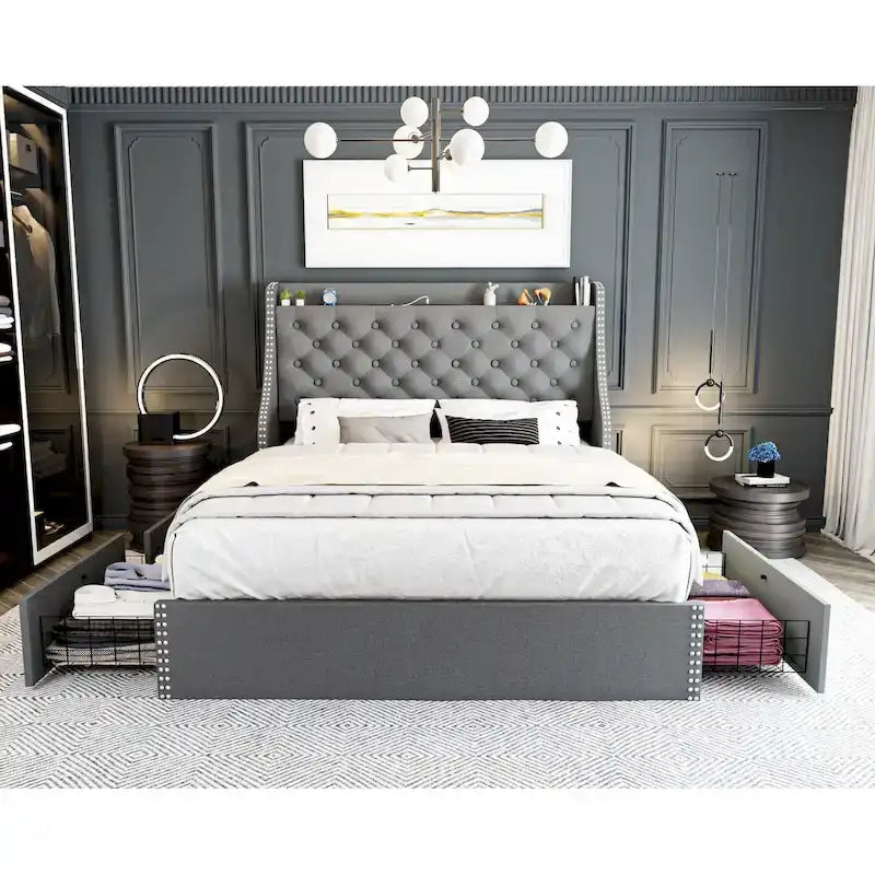 Bed Frame with 4 Storage Drawers and Headboard