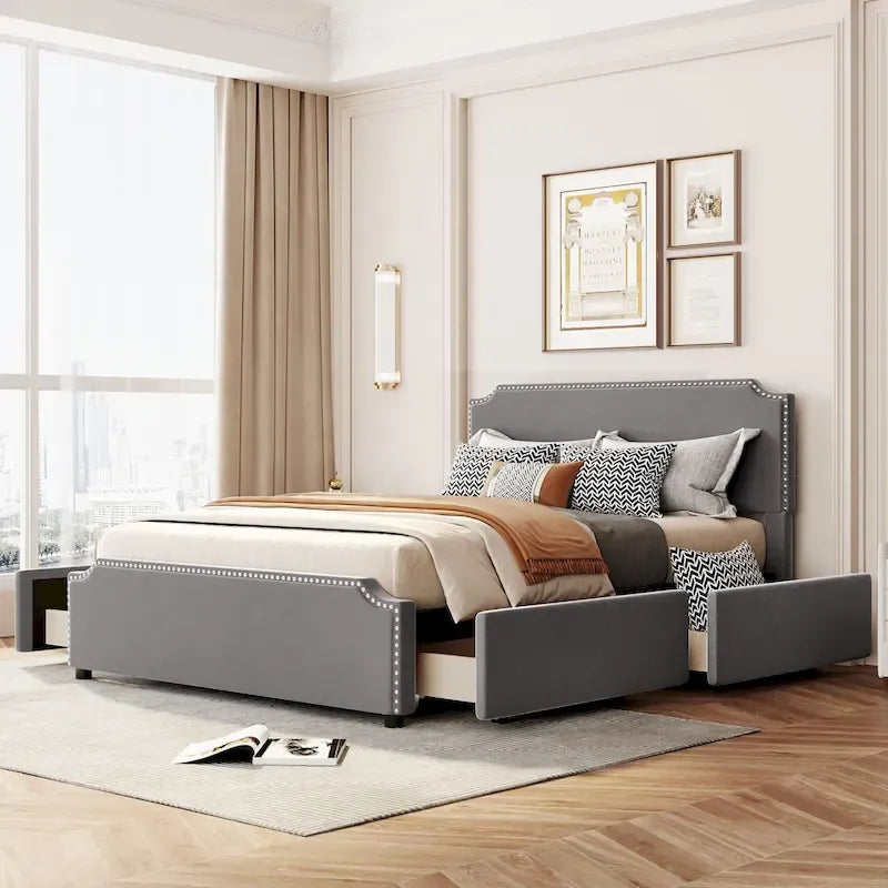 Upholstered Platform Bed with Stud Trim Headboard and Footboard and 4 Drawers