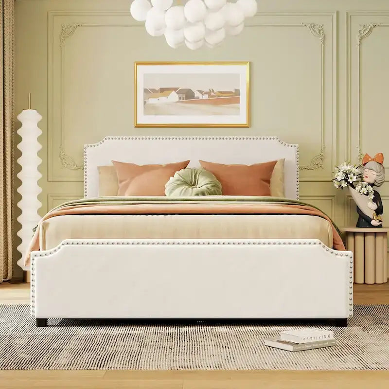 Upholstered Platform Bed with Stud Trim Headboard and Footboard and 4 Drawers